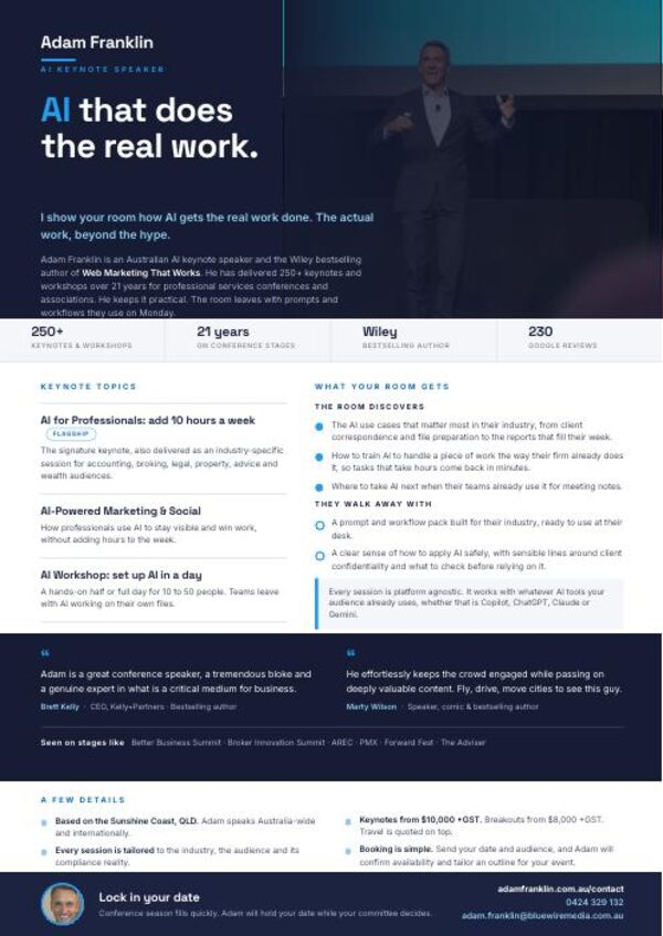 Adam Franklin speaker one sheet, first page